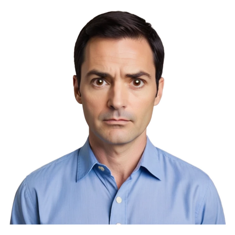 Man in his 40s with wide square face, marked jawline, full cheeks, looking incredulous with raised eyebrows, skeptical expression, medium dark brown eyes widened in disbelief, thick natural eyebrows, wide nose, mouth in a doubting smirk, short neat dark hair, wearing a blue button-up shirt sticker
