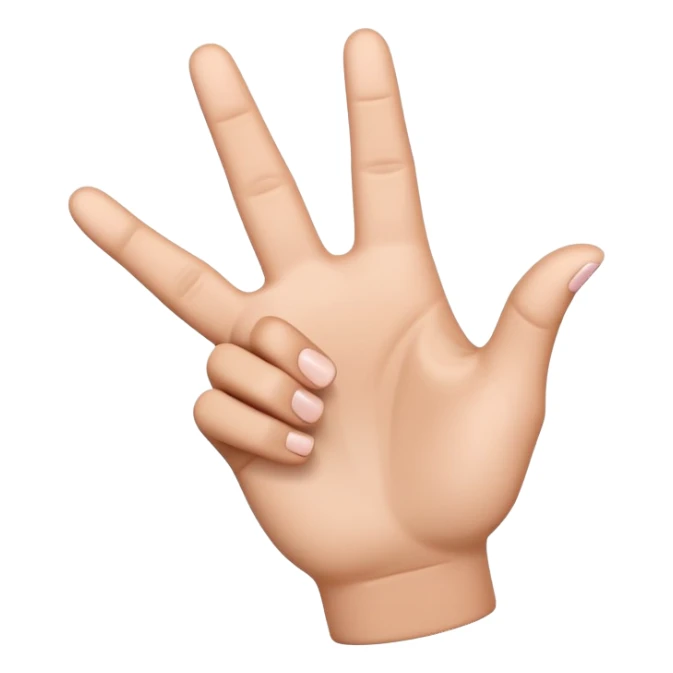 A high-quality 3D-rendered digital illustration of a hand making the YVL hand sign. The hand has a smooth, emoji-style design similar to Apple's hand emojis, with a natural skin tone. The thumb, index, and middle fingers are extended, while the ring and pinky fingers are folded down. The background is transparent or white, with no additional effects or shading. sticker