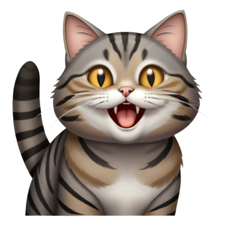 Cinematic Cute Yawning Grey and Black Brown Tabby Cat Portrait Emoji, Head tilted slightly with a dramatic, wide-open yawn, sleek grey-brown fur with dark black tabby stripes, sparkling amber eyes barely open, Simplified yet irresistibly adorable features, highly detailed, glowing with a soft, cozy glow, high shine, relaxed yet expressive, stylized with a touch of whimsy, bright and endearing, soft glowing outline, capturing the essence of a sleepy yet affectionate kitty, so drowsy it feels like it could stretch right out of the screen and curl up for a nap! sticker