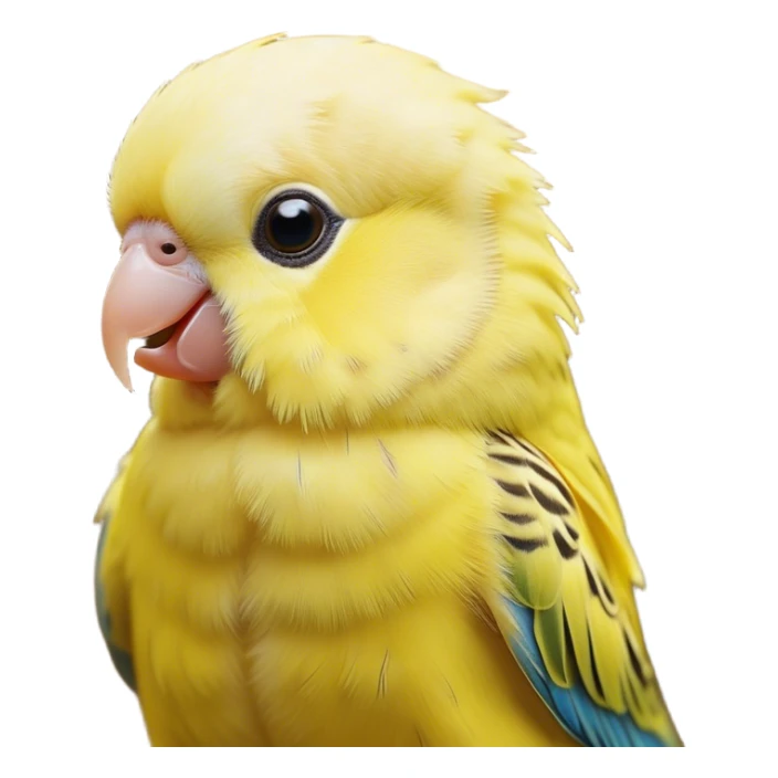Cinematic Cute Yellow Budgie Portrait Emoji, Head tilted playfully and inquisitively, featuring a radiant yellow feathered fur with a natural sheen, round, sparkling dark eyes filled with curiosity, Simplified yet irresistibly adorable features, highly detailed, glowing with a warm, friendly glow, high shine, affectionate and lively, stylized with a touch of whimsy, bright and endearing, soft glowing outline, capturing the essence of a mischievous yet loving budgie, so playful it feels like it could chirp out of the screen and into your arms! sticker