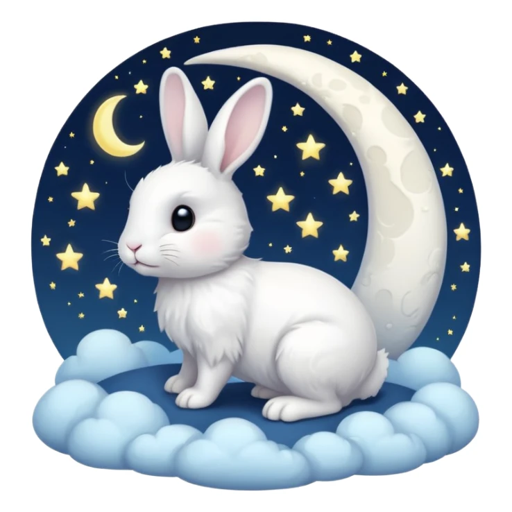 a white bunny in the foreground (no small details) and a large crescent moon in the background sticker