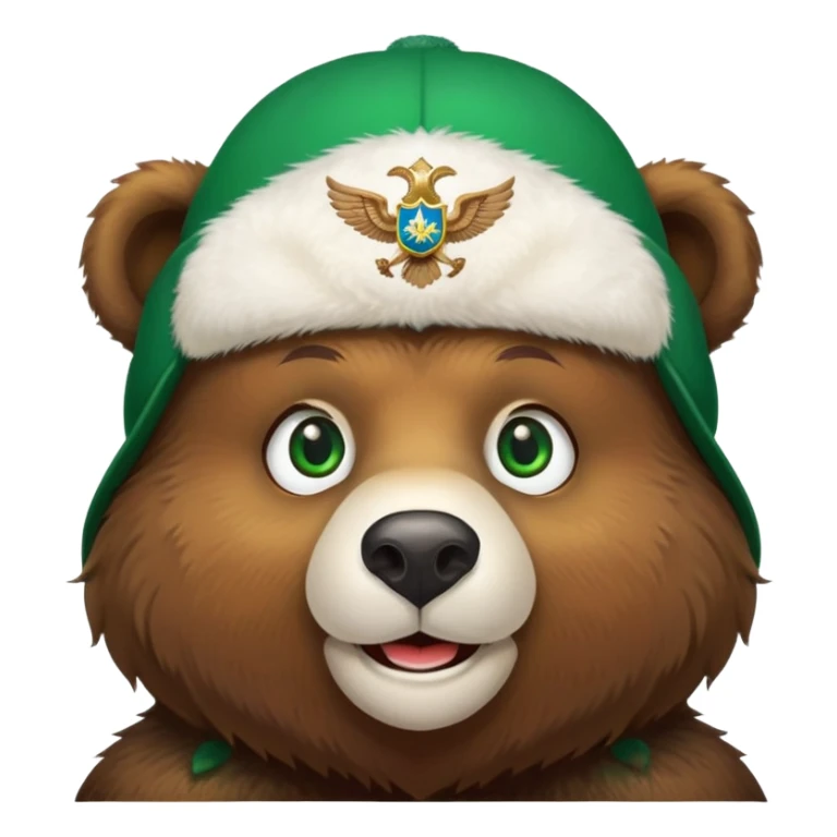 Smiling brown bear face with vivid green eyes, wearing traditional white ushanka hat featuring double-headed eagle emblem, Russian style sticker