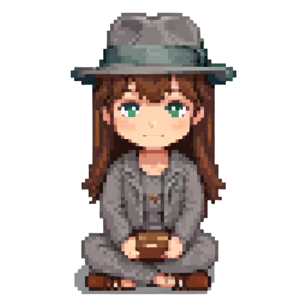 pixel art, girl with brown hair, grey fedora, sitting pose sticker