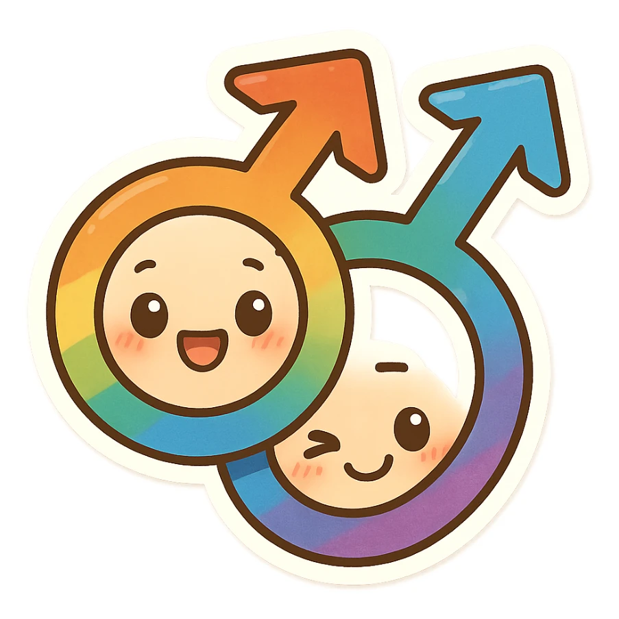 gay pride two interlocked male symbols in rainbow colors, chibi style, playful expression, bright and colorful sticker