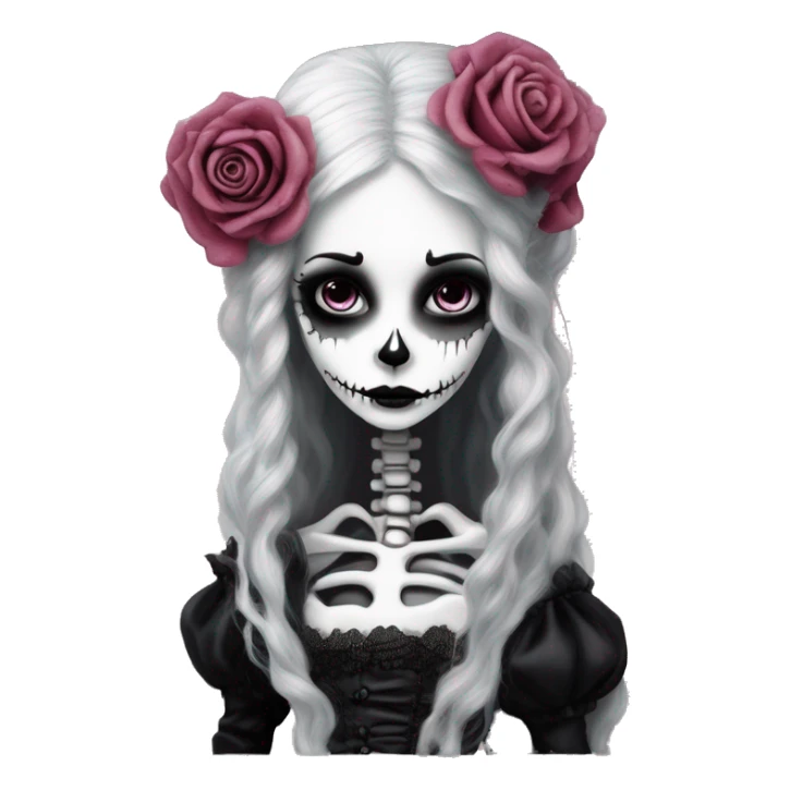 PINK LANDSCAPE PICTURE WITH FRAME: full body, hyper realism, full height skeleton, tim burton "corpse bride", thin porcelain doll with a cracked face, goth makeup, long hair, lace and ruffles, lolita style, inked, black and white, red roses sticker
