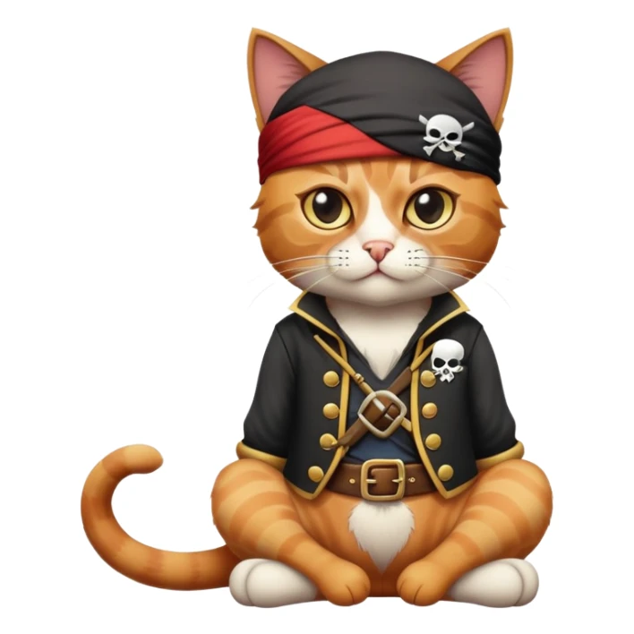 cat full body sitting with a pirate character wearing an eye patch sticker