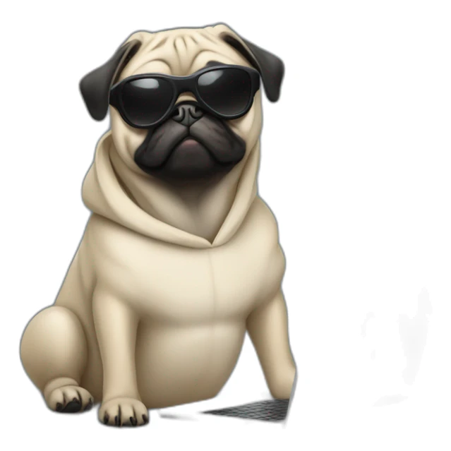 Pug wearing a black hoodie and using a laptop and wearing sunglasses sticker