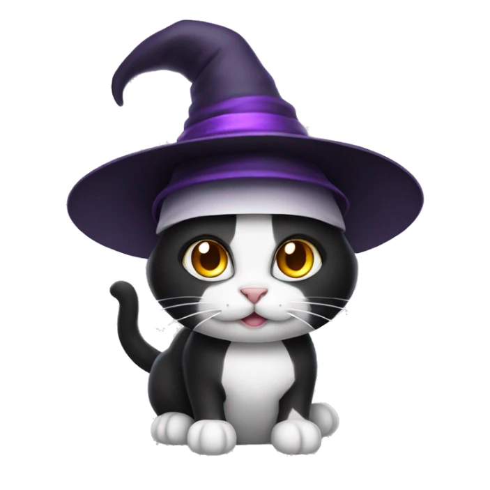 black and white cat with a witch hat sticker
