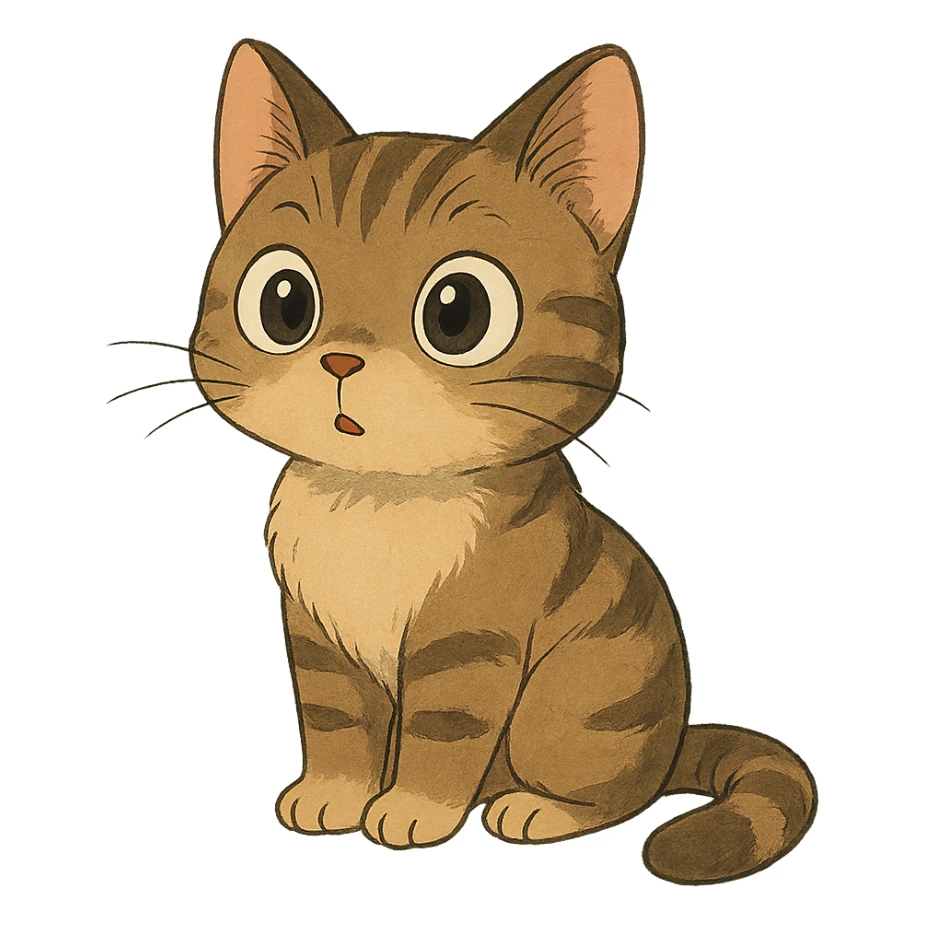 a curious cat with big eyes, ghibli style, cute, expressive sticker