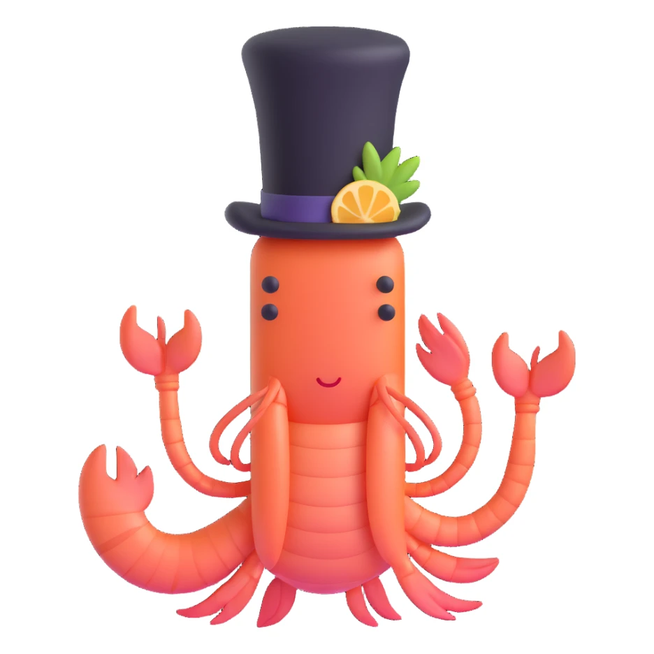 shrimp wearing a top hat, memoji style sticker