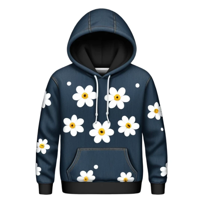 The BLACK Denim Tears Hoodie features a black base with distinctive white open flower spots with empty space in the middle, These hollow ring-like patterns are scattered across. BLACK AND WHITE FLOWERS sticker