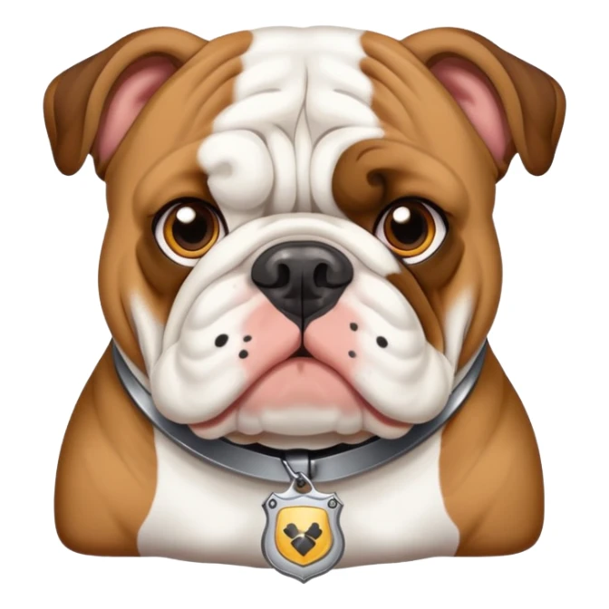 english bulldog with a security badge sticker