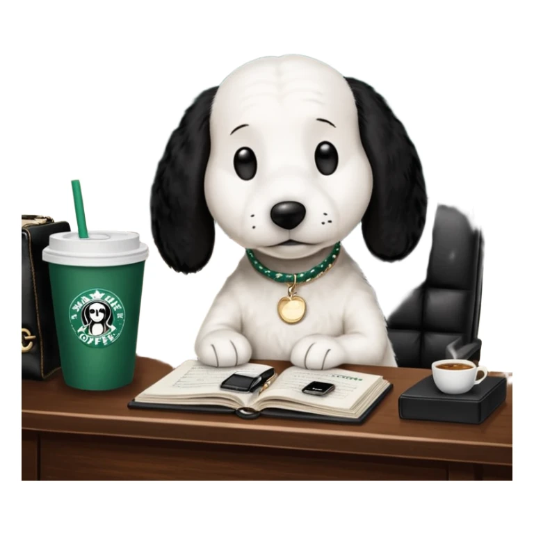 snoopy in a desk with starbucks and his chanel purse sticker