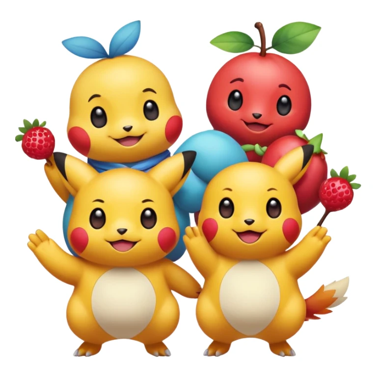Three Pokémon characters showing kindness and teamwork. One Pokémon is handing a berry to another, while the third Pokémon is cheering and clapping happily. They look joyful and friendly, standing close together in a bright, colorful cartoon scene. The style is cute, playful, and emoji-like. sticker