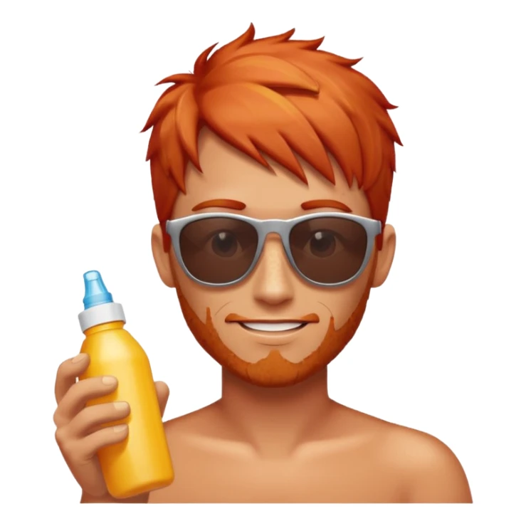 male red haired with suncream bottle and sunglasses, with sun burned sticker