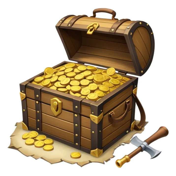 An icon showcasing a treasure chest filled with gold, a treasure map rolled up beside it, a backpack and shovel. The design captures the essence of treasure hunting, exploration, and excitement, set on a transparent background to emphasize the thrill of discovery. sticker