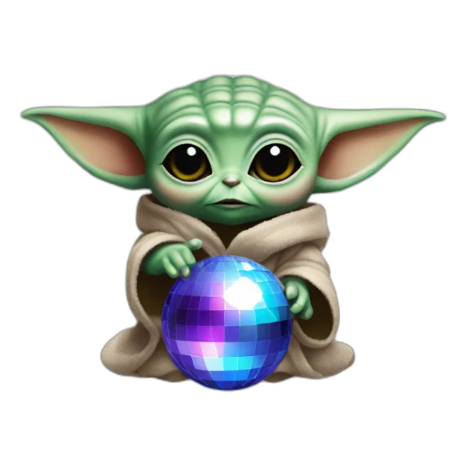 baby yoda with a disco ball on his hesd with eyes up sticker