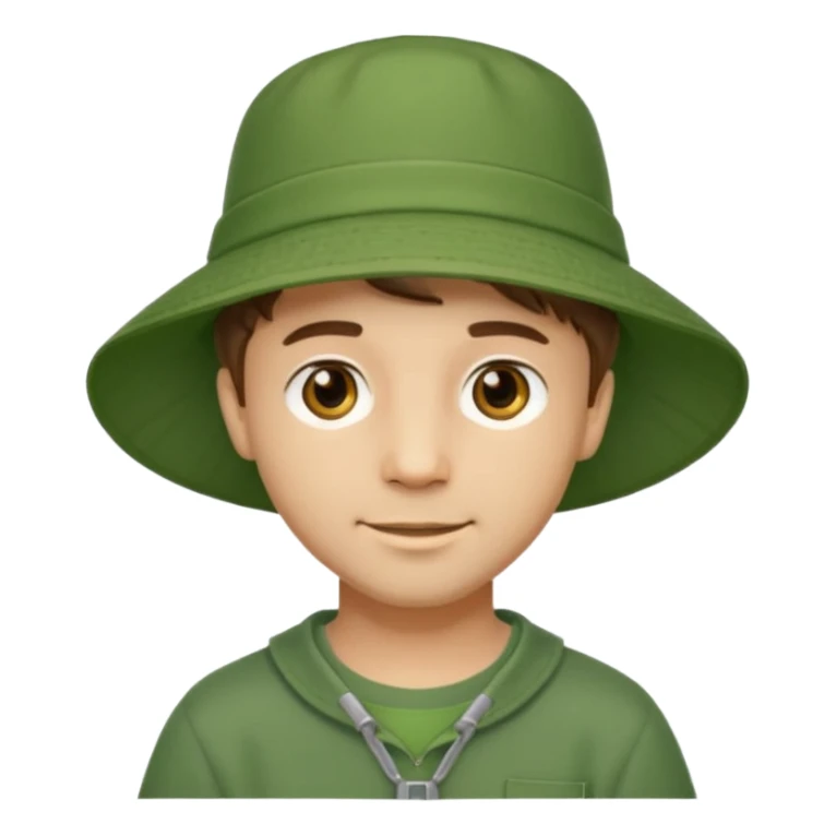 A light-skinned man with short brown hair, golden-brown eyes, and a soft smile, wearing a wide-brimmed green bucket hat. sticker