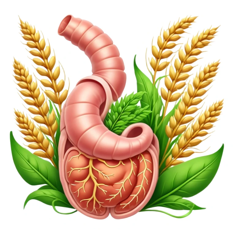 Human digestive system with esophagus, stomach, intestines, and colon, surrounded by golden wheat ears and green leaves, with glowing healing particles flowing through the digestive tract sticker