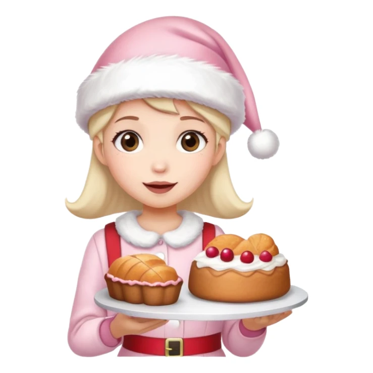 girl wearing light pink santa hat,having cute cake and bread sticker