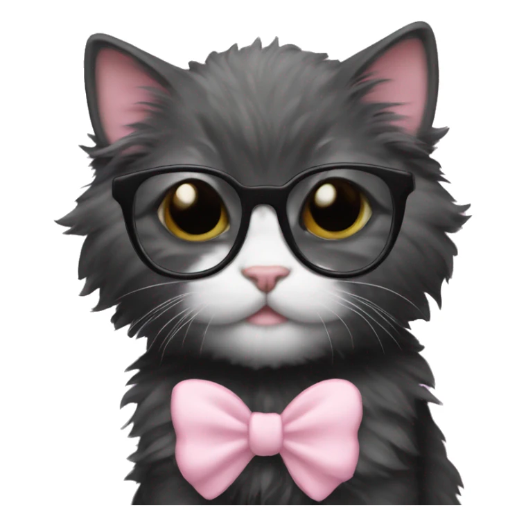 fluffy black kitten nerd with glasses and light pink bow sticker