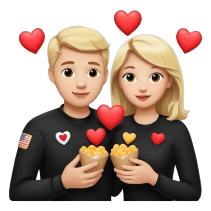 Couple with blonde hair wearing black eating chick filet hearts and outer space in the background. 
 sticker