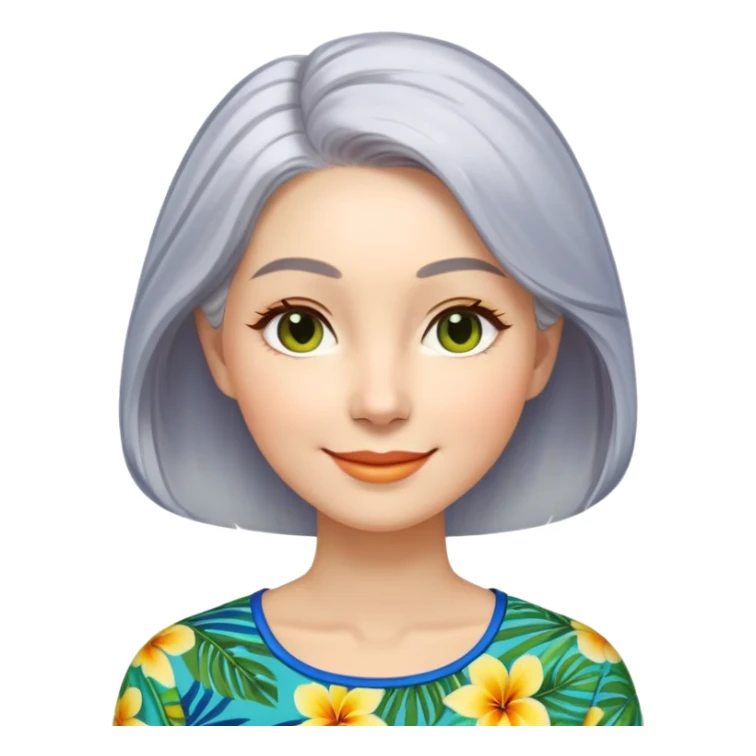 A woman with light complexion, an oval face with soft rounded features, full cheeks, gentle almond-shaped eyes with subtle smile lines, silver-gray hair parted to the side and styled loosely, wearing a vibrant tropical print blouse in blue, green, and yellow, exuding warmth and joy. sticker