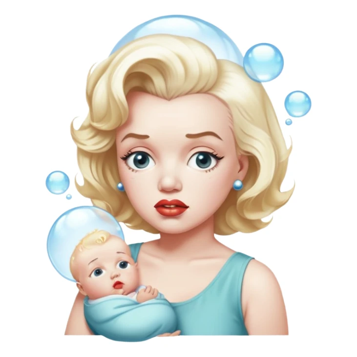 Marilyn Monroe shown from the waist up looking sad with a bubble above her head showing a baby sticker