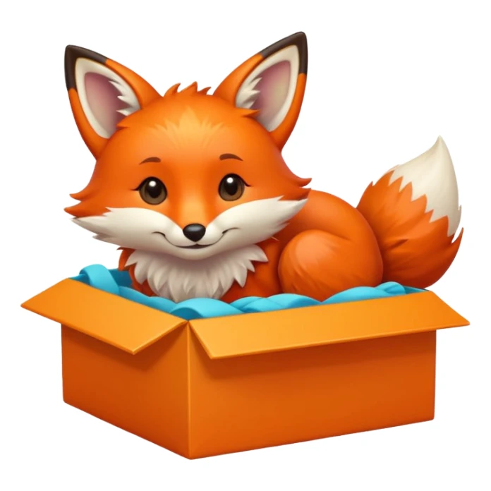 happy fox curled up in a colorful box, glancing upward, emoji style sticker