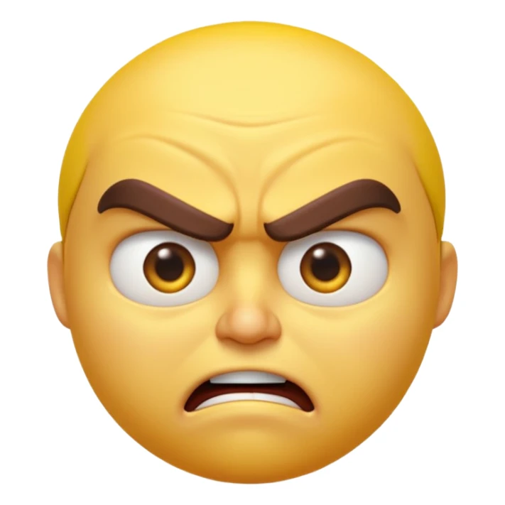 “A high-quality 3D angry emoji, intense facial expression, furrowed eyebrows, narrowed eyes, clenched mouth, vibrant yellow glossy texture, dramatic studio lighting, realistic reflections, smooth rounded shape, ultra-detailed Pixar-style 3D render, isolated on white background, 4K resolution” sticker