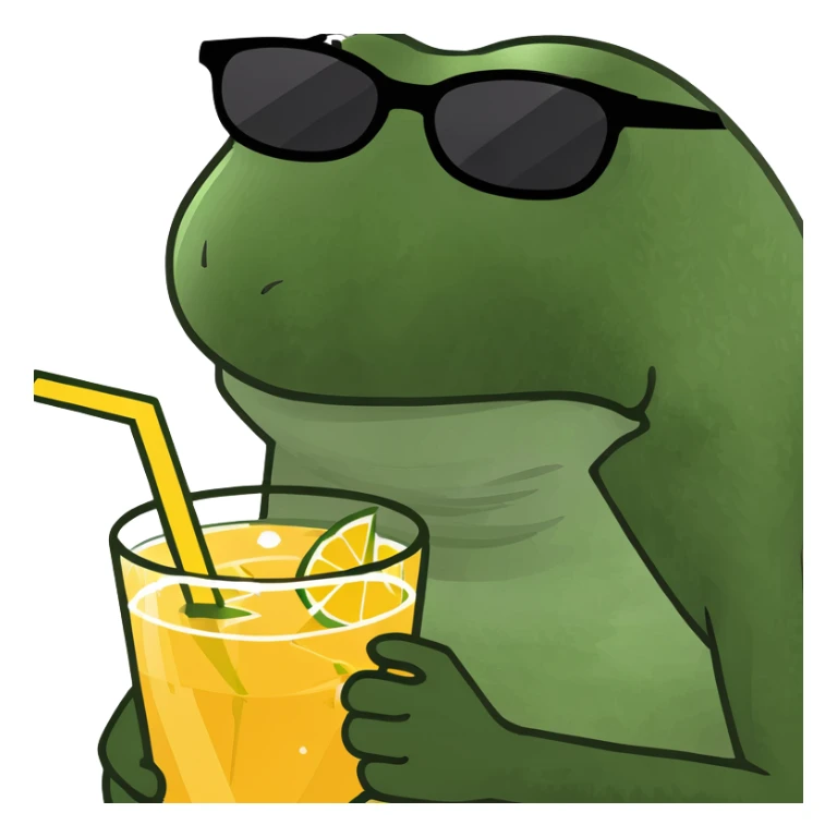 bufo frog with sunglasses, holding a tropical drink at the beach sticker
