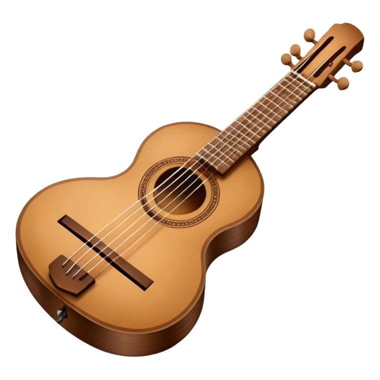 Create an elegant and traditional emoji representing a domra. The design should feature the round, wooden body of the domra with its distinct three or four strings. Include delicate details like the tuning pegs, the fingerboard, and the bridge. The wood of the domra should have a rich, warm tone, and the strings should be subtly highlighted to show their importance. Add a small musical note or two floating around to evoke the folk music it is used for. Use earthy tones like brown and gold to emphasize its classic, rustic feel. The background should be transparent. sticker