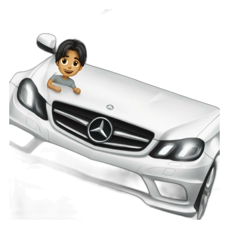 a boy with long hair driving a mercedes sticker