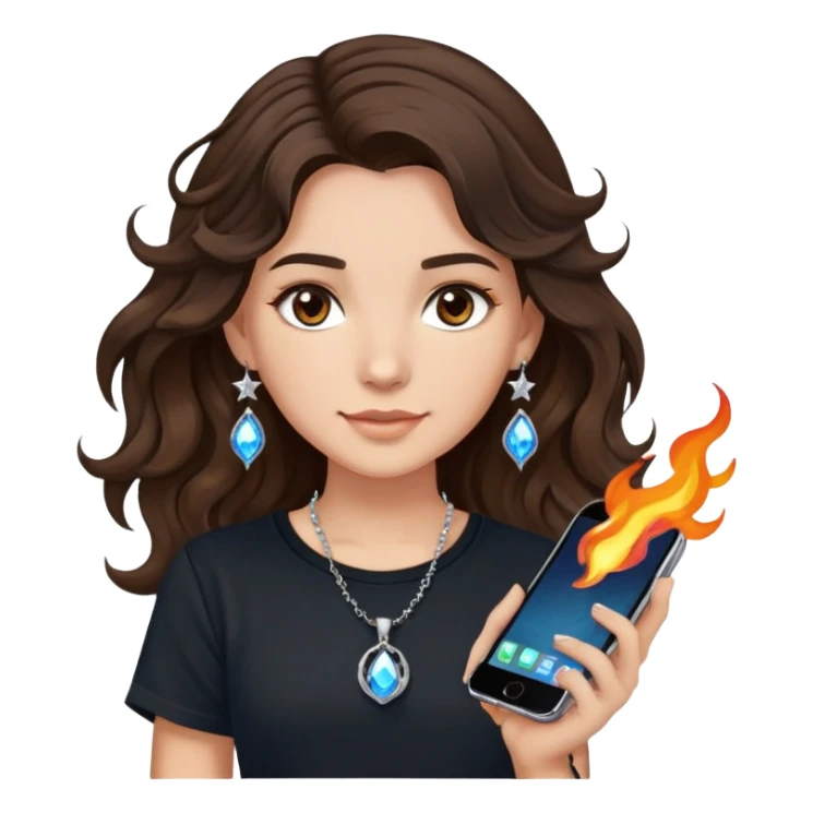 brunette girl with wavy medium length hair, brown eyes, light/medium skin tone, holding iPhone and light phone, wearing black tee shirt with flame pattern on it, small silver hoop earrings with blue gem stars, and colorful beaded charm necklace sticker