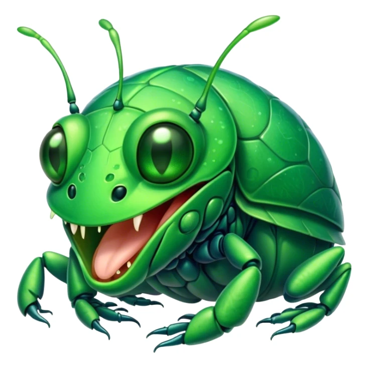 Cinematic Cute Yawning Green Bugdie Portrait Emoji, Head tilted slightly with a dramatic, wide-open yawn, showcasing a smooth, vibrant emerald exoskeleton with delicate patterns and tiny drooping antennae, round multifaceted eyes barely open in drowsy contentment, Simplified yet irresistibly adorable features, highly detailed, glowing with a soft, cozy glow, high shine, relaxed yet expressive, stylized with a touch of whimsy, bright and endearing, soft glowing outline, capturing the essence of a sleepy yet endearing insect, so drowsy it feels like it could stretch out of the screen and curl up for a nap! sticker