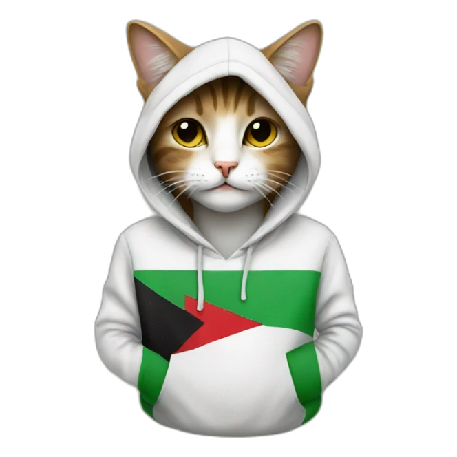 a cat wearing a hoodie with Palestinian flag sticker