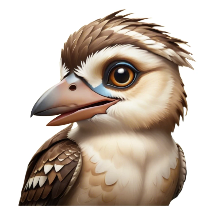 Cinematic Comical Kookaburra Portrait Emoji, Head tilted dramatically with an exaggeratedly amused expression, featuring a strikingly patterned brown and cream plumage with wide, expressive eyes filled with playful disbelief, Simplified yet hilariously expressive features, highly detailed, glowing with a slightly sassy glow, high shine, dramatic yet playful, stylized with an air of cheeky bushland mischief, bright and endearing, soft glowing outline, capturing the essence of a spirited and over‐the‐top kookaburra, so meme‐worthy it feels like it could cackle its way into internet fame instantly! sticker