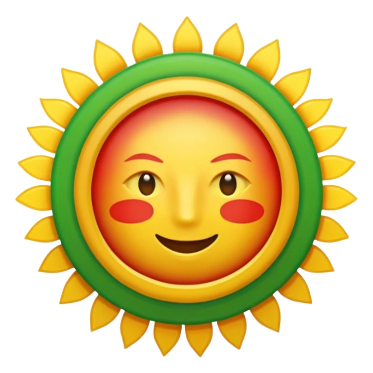A flat emoji-style icon with three horizontal stripes: red on top, white in the middle, green on the bottom. A bright golden sun in the center with exactly 21 evenly spaced rays. Simple shapes, bold colors, no text, no gradients, transparent background, clean system-emoji look. sticker