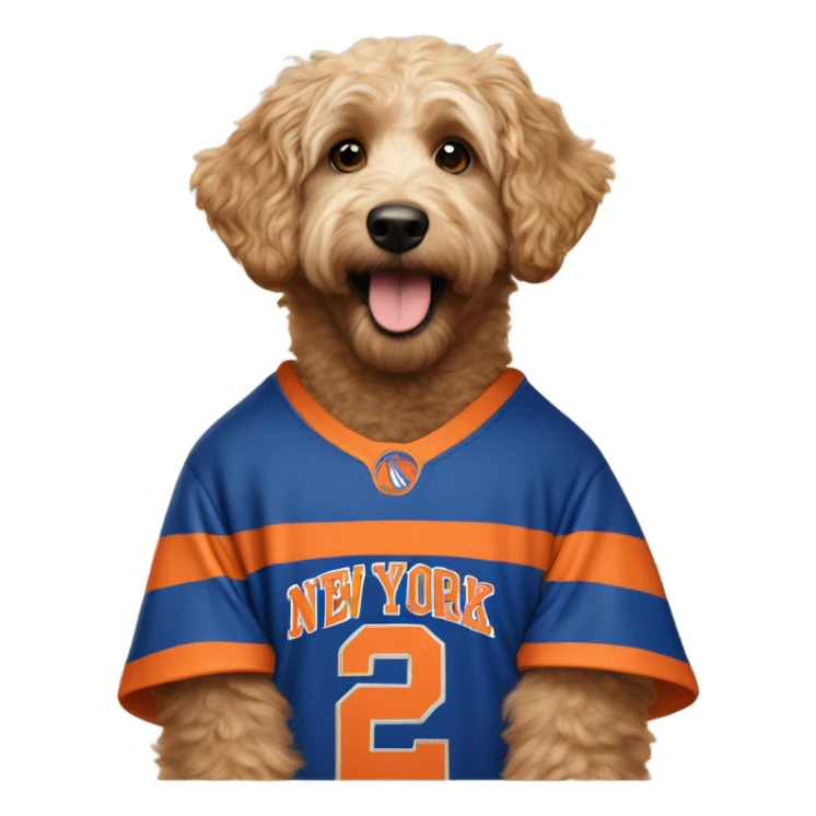 Aussiepoo wearing New York Knicks jersey sticker