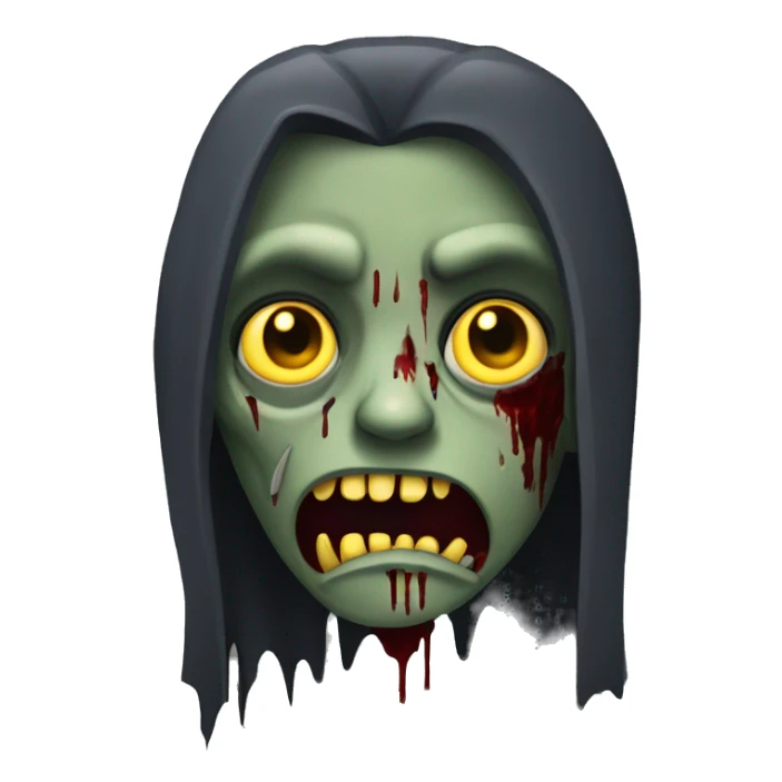 zombie vampire with a dark monochrome skin and a sad face with yellow and sharp teeth and blood and long hair covering the face sticker