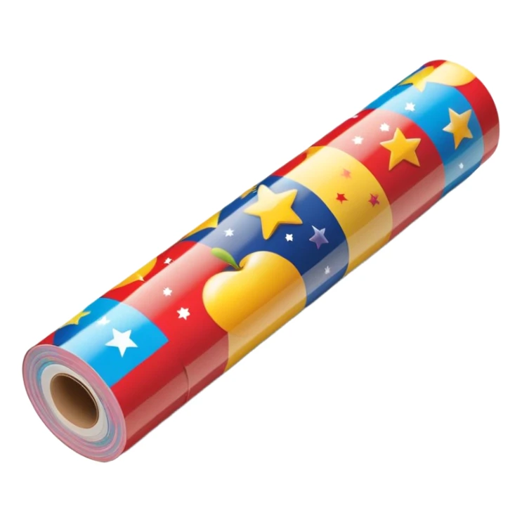 long cylindrical roll of glossy wrapping paper, partially unrolled, colorful pattern with stars, stripes, festive motifs, smooth reflective finish, crisp edges, visible cardboard tube at center, no scissors tape or ribbon, apple emoji style, soft lighting, subtle shadows, emoji scale sticker