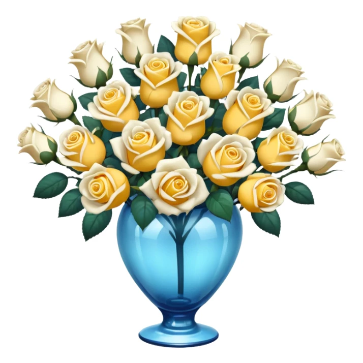 Large display of yellow and white roses in a blue vase. sticker