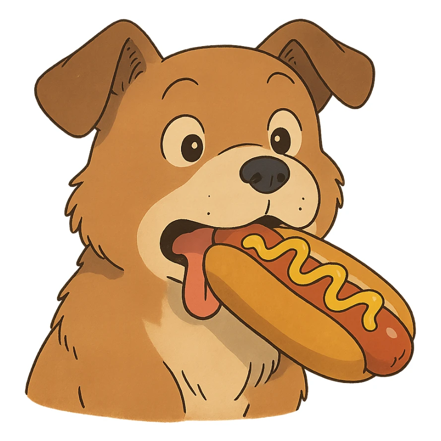 dog eating a sussy hot dog in ghibli style sticker
