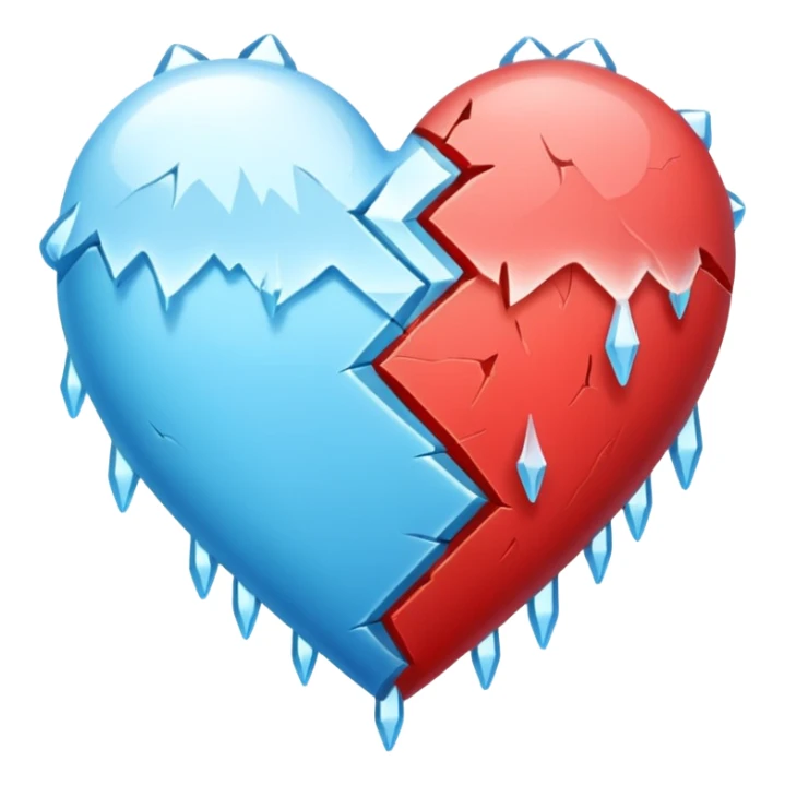 a large heart. On one side, it is big, light red, loving and plump. On the other side, it is icy blue, jagged, and has icicle and crack designs sticker