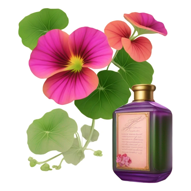 Aesthetic display of blush violet nasturtiums, an elegant deep pink perfume bottle, and a vintage love violet letter written in flowing script. sticker