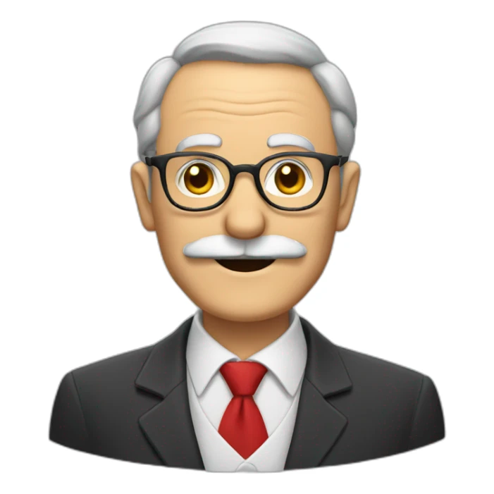 smiling old man wearing a big gray mustache, thin glasses, a red shirt and a black tie sticker
