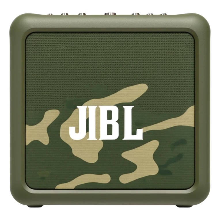 JBL Go 4 speaker in army camouflage print, minimal design aesthetic, compact speaker with simplified details, military pattern sticker