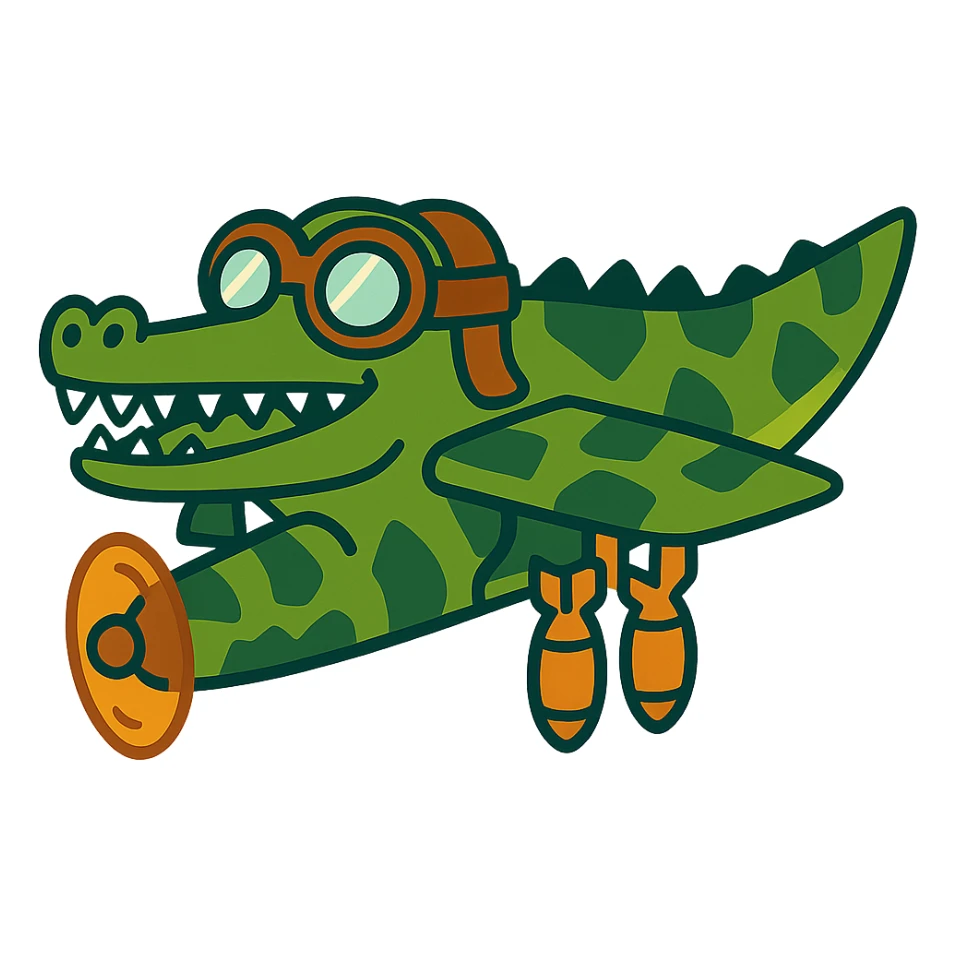crocodile transformed into a bomber plane, with camouflage patterns and aviator goggles sticker
