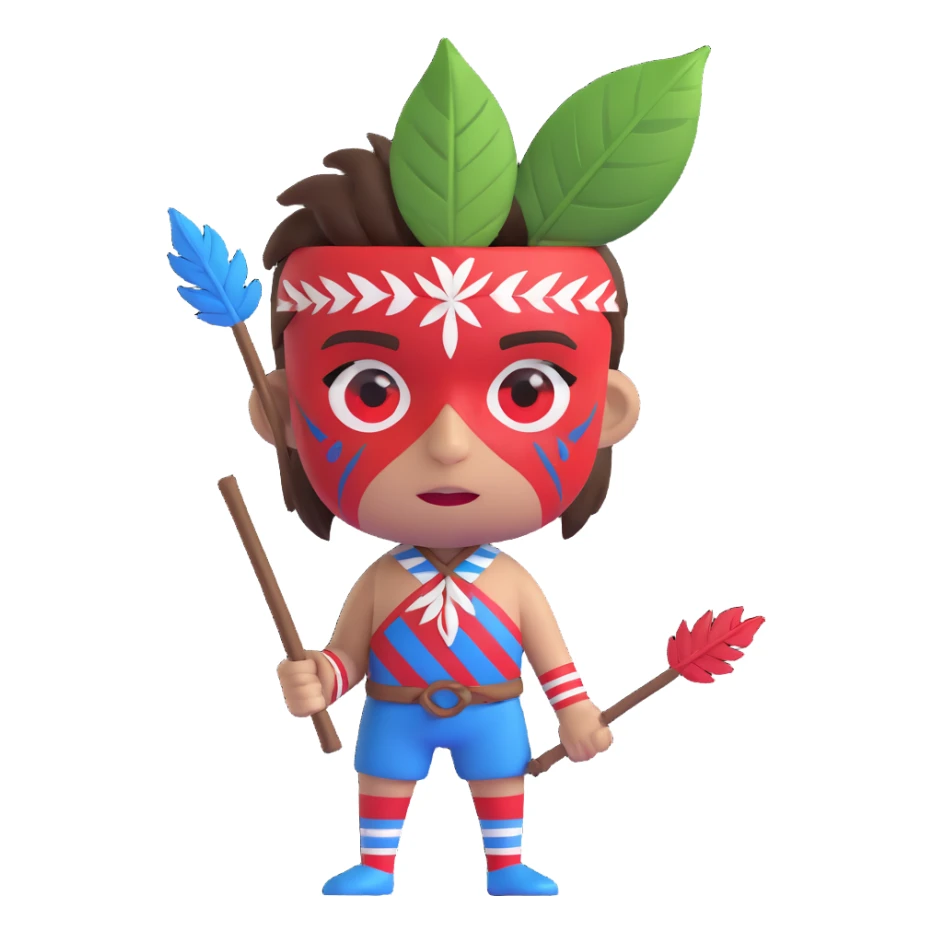 savage boy emoji with fierce expression, face painted in red white and blue stripes, tribal look with leaf covering, holding a sharp stick, inspired by Roger from LOTF sticker