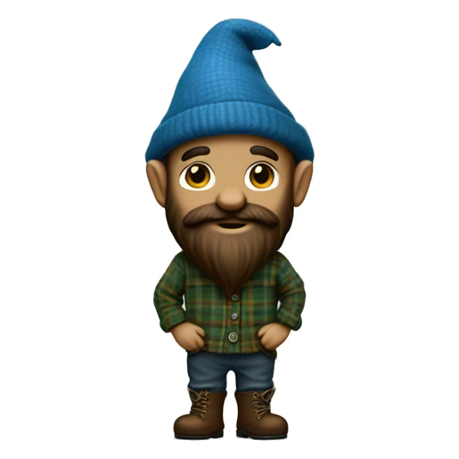 Full body gnome, dark beard, brown eyes, young, with a blue woolen hat, brown boots and a green plaid shirt. The body should be cartoonish and not realistic. sticker